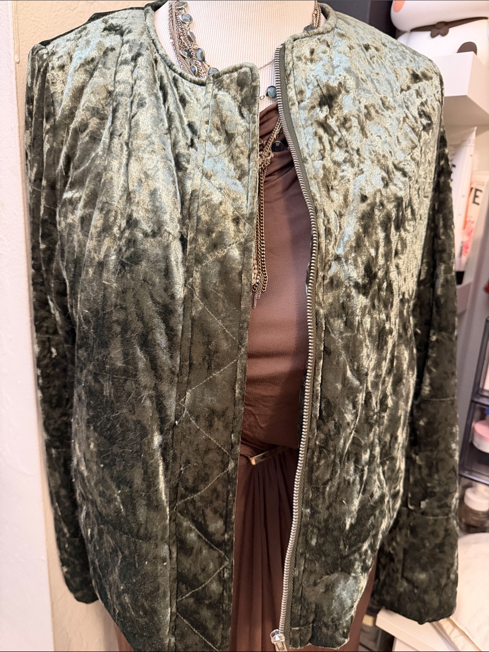 Sanctuary Olive Green Velvet Quilted Bomber Jacket